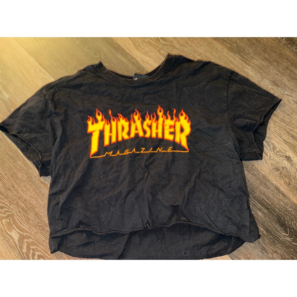 Thrasher Magazine Flame Logo Black Cropped Raw Hem Graphic T-Shirt Womens